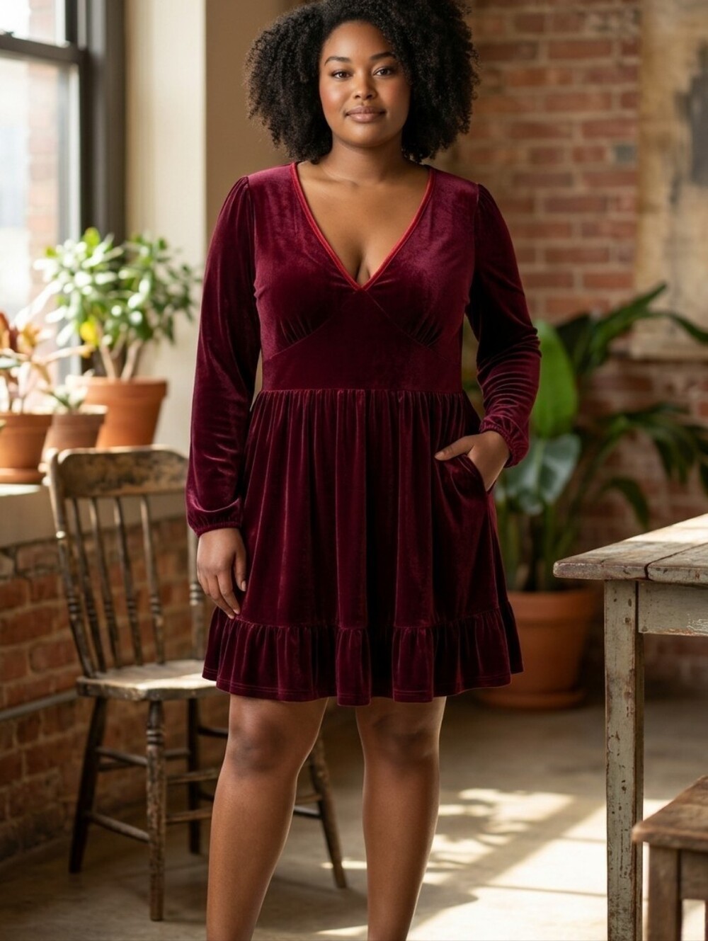 NWT HALARA Velvet V-Neck Ruffle Hem Dress Wine Stretch Comfort Holidays Sz XL